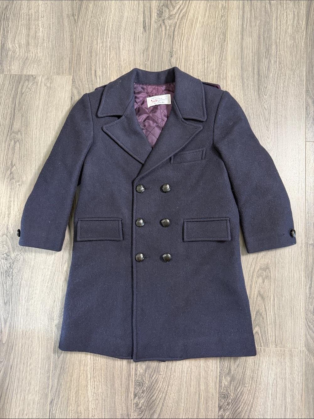 Kids Navy Double-Breasted Wool Coat